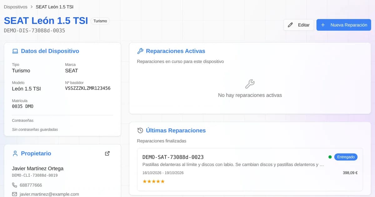 Ficha de un SEAT León con matrícula, bastidor, propietario y sus reparaciones anteriores