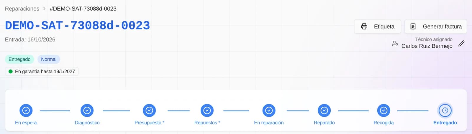 Orden de reparación de un SEAT León entregada, con su técnico asignado, la garantía en curso y todos los estados de la reparación